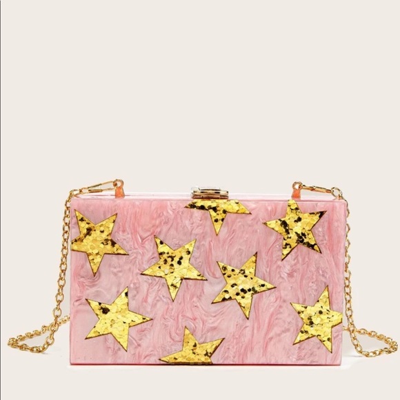 Handbags - Gold Glitter Star & Pink Resin Clutch/Crossbody Bag NEW